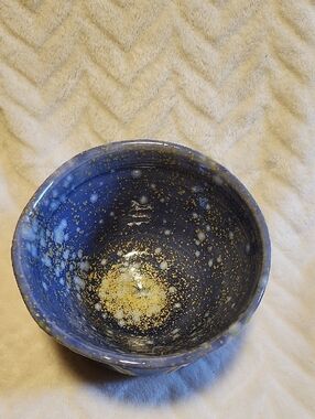 Blue Ceramic Planter or Bowl with Green Accent Detail